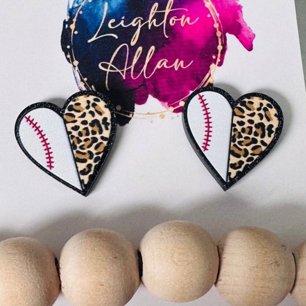 Baseball Leopard Heart Stud Earrings